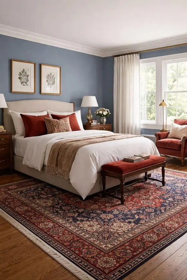 Quarto azul com almofadas terracota e tapete persa